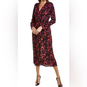 Anna Kay Black Floral Midi Dress Long Sleeve Smocked Waist Small
